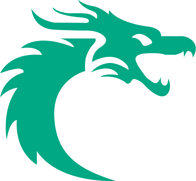 A minimalist teal dragon logo with a fierce, open-mouthed profile facing right. The dragon has sharp teeth, a pronounced snout, and a mane of stylized flames extending from the back of its head down its arched neck. The design is sleek, with smooth curves and pointed edges.