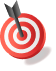 A red and white bullseye target with concentric circles stands upright at a slight angle, casting a shadow to the right. A black arrow is lodged perfectly in the center of the bullseye, symbolizing accuracy and precision.