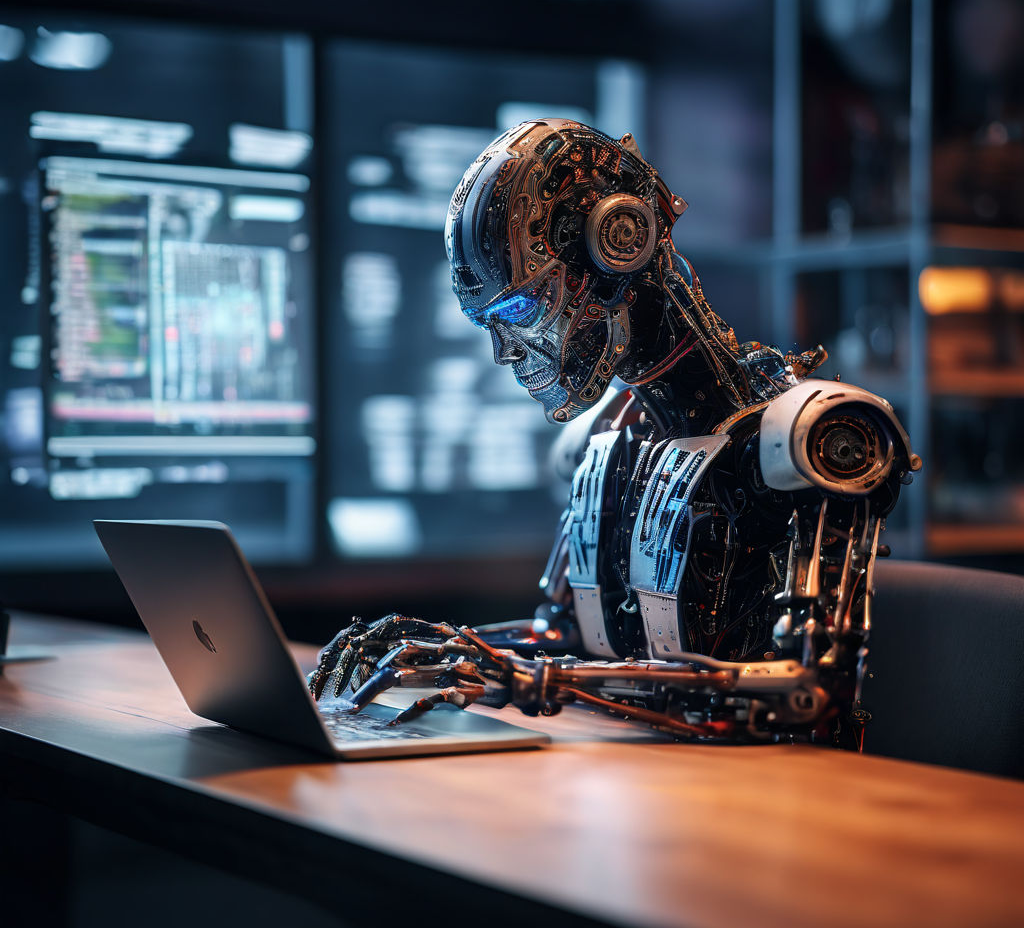 A futuristic humanoid robot with intricate mechanical details and glowing blue eyes is seated at a desk, typing on a laptop. The background features blurry computer screens displaying code, suggesting a high-tech environment focused on programming or cybersecurity.