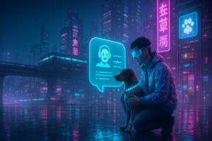 A person wearing futuristic glasses kneels beside a brown dog with a glowing collar in a rainy neon-lit city. Holographic icons, including a speech bubble with a headset and a paw print, float nearby. Tall buildings are illuminated with bright pink and blue lights.