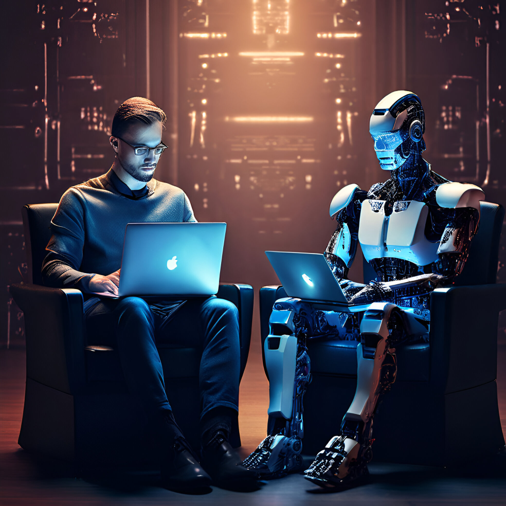 A man and a humanoid robot sit side by side in dark chairs, both working on laptops illuminated by their screens. The background is a dimly lit futuristic interior with glowing panels. The man has glasses and a beard, and the robot has a sleek design with blue accents.