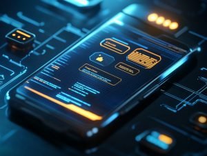 A high-tech, futuristic smartphone display is shown with glowing neon blue and orange UI elements. The screen features various system information and alerts, icons, and a notification with small text blocks. The background illustrates a complex circuit board pattern, enhancing the tech theme.