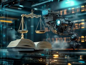 A futuristic scene with a robotic hand holding a digital scale hovering over an open book. The setting includes glowing screens and circuitry, suggesting a blend of technology and law. The environment is dimly lit, with blue and orange neon accents reflecting on a glass surface.