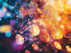 A digital-themed image featuring numerous glowing Bitcoin symbols floating through a vibrant, abstract network. The background is a mix of bright colors like blue, purple, and orange, giving the impression of a dynamic, interconnected digital space. The Bitcoins appear as shining coins.