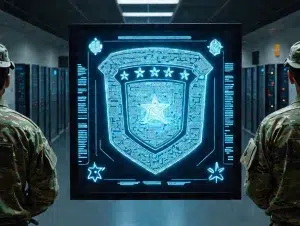 A glowing digital display with a futuristic shield emblem is centered in a dimly lit server room. Two people in military camouflage uniforms stand on either side, observing the screen. Rows of server racks with glowing blue lights are visible in the background.