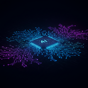 A glowing microchip labeled "AI" at the center emits vivid blue and purple circuitry patterns on a dark background, resembling interconnected neural networks. The design symbolizes artificial intelligence and digital connectivity, with bright lines radiating symmetrically outward.