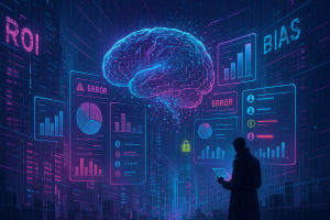 A person holding a tablet stands before a glowing digital brain surrounded by data charts, graphs labeled “ERROR,” “ROI,” and “BIAS.” The futuristic scene uses blue and pink neon tones, symbolizing artificial intelligence analysis and decision-making.