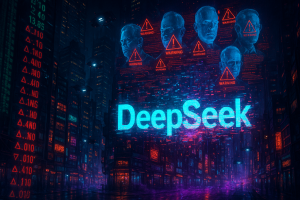 A neon-lit cyberpunk city at night displays "DeepSeek" in bright blue. Above, five blue-tinted heads with red warning signs and the word "WARNING" appear, hinting at digital surveillance or security threats. Red tech codes fill the scene.