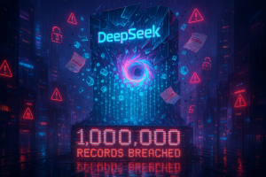 A futuristic cityscape at night with a large digital structure displaying “DeepSeek” and a swirling vortex. Red warnings, floating lock icons, and documents labeled “classified” surround it. At the base, glowing text reads “1,000,000 RECORDS BREACHED.”.