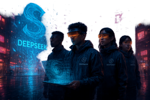 Four people in dark jackets and orange-tinted visors stand in a neon-lit city at night. One holds a glowing, holographic laptop with swirling blue patterns. A large blue “S” and the word “DEEPSEEK” are projected above them in the rainy, digital cityscape.