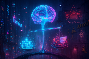 A glowing blue brain balances on scales: one side holds data blocks labeled "INNOVATE," the other, warning signs and a breached document labeled "DATA BREACH" and "DeepSeek." Neon cityscape in rain; dark, high-tech, cyberpunk style.