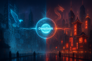 A glowing orb labeled “DeepSeek” splits a cyberpunk city: blue, digital bird-themed skyscrapers on the left, and red, dragon-themed Asian buildings on the right. Silhouetted figures stand on a bridge beneath a neon-lit, stormy sky.