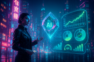 A woman in a black jacket stands in a neon-lit city at night, interacting with futuristic holographic AI data displays showing graphs, charts, and KPI metrics. Rain falls softly, and colorful lights illuminate the urban scene with a cyberpunk aesthetic.