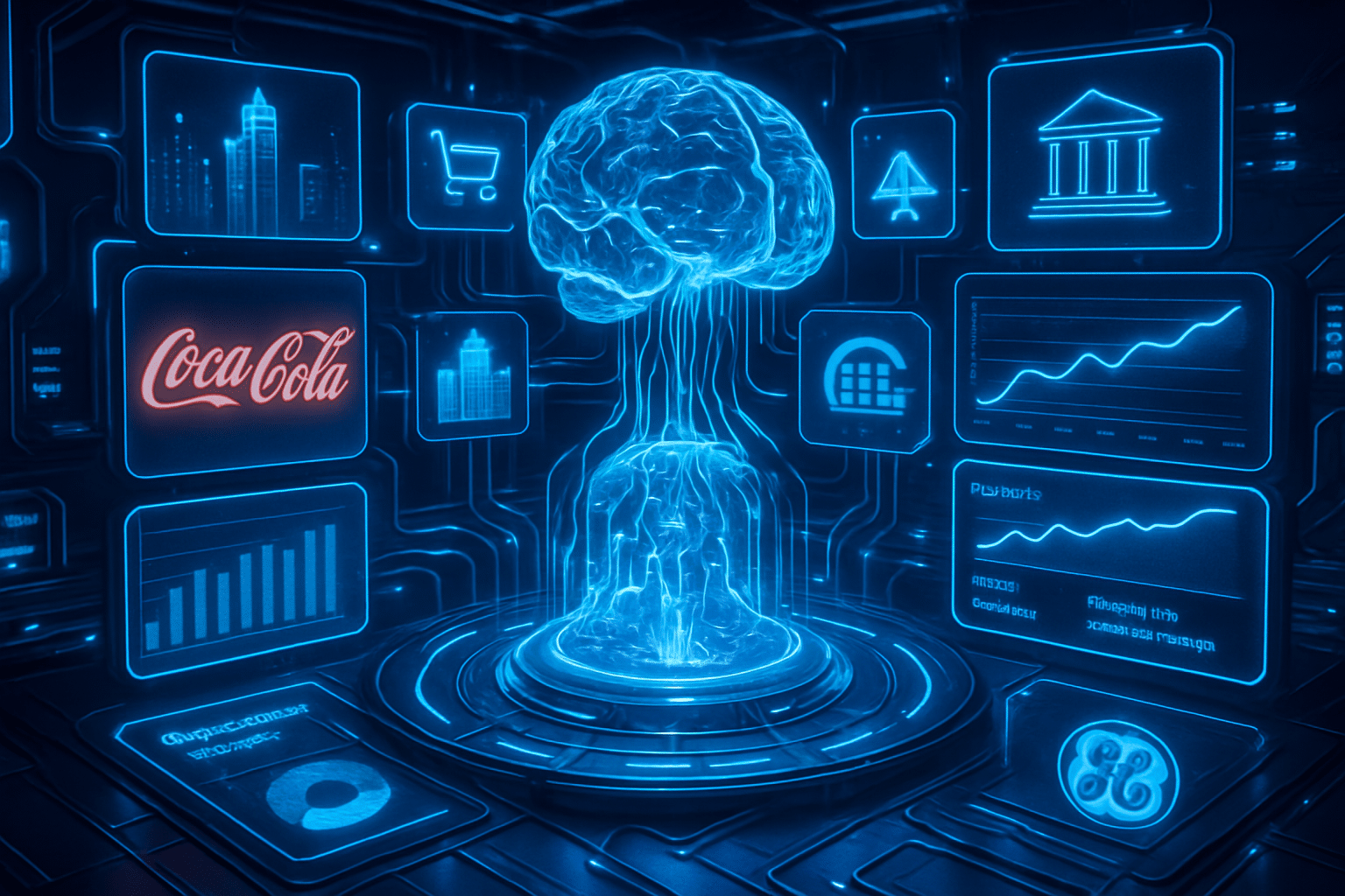 A glowing digital brain floats in a futuristic room, connected by blue streams to holographic screens displaying graphs, charts, business icons, and logos like Coca-Cola and GE, symbolizing artificial intelligence analyzing corporate and financial data.