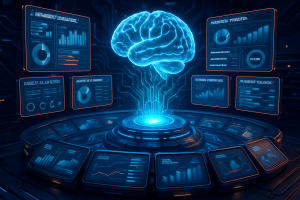 A glowing blue digital brain hovers above a circular control panel surrounded by holographic data screens displaying charts, graphs, and analytics, set in a futuristic, high-tech environment with dark metallic tones and neon blue lighting.