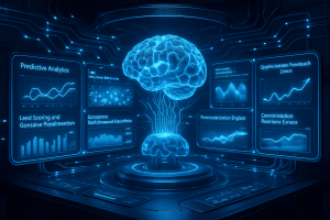A glowing digital brain is suspended above a smaller brain, connected by light streams. Surrounding them are holographic data panels displaying graphs, charts, and text, all set in a futuristic, blue-lit technology environment.
