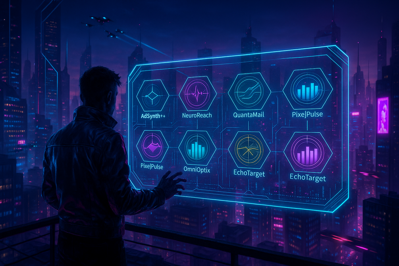 A man in a leather jacket stands on a balcony overlooking a neon-lit futuristic city at night, interacting with a glowing holographic screen displaying hexagonal icons labeled with tech names, graphs, and data visualizations.