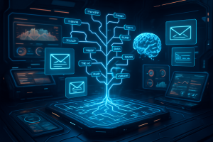 A glowing digital tree with email icons and labels branches out from a tablet in a futuristic control room. Holographic charts, a brain, and data screens fill the dark, neon-lit environment, symbolizing artificial intelligence and email management.