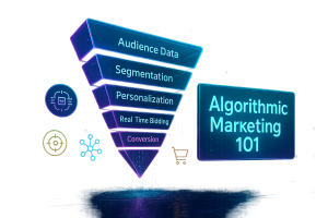 A glowing inverted funnel displays stages: Audience Data, Segmentation, Personalization, Real Time Bidding, Conversion. "Algorithmic Marketing 101" glows on the right, with tech and shopping icons around a dark, digital-themed background.