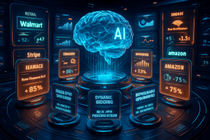 A glowing digital brain labeled "AI" hovers in a futuristic control room surrounded by transparent screens showing data charts, company logos like Walmart, Amazon, Stripe, and statistics, highlighting AI's impact on business analytics and decision-making.