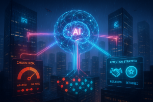 A digital illustration of a city at night shows a glowing AI brain at the center, with neon lines connecting to panels labeled "Churn Risk" with a meter, and "Retention Strategy" with handshake and star icons. Rain falls and skyscrapers glow in the background.