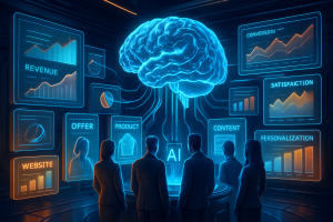 Four people stand around a glowing AI brain interface, surrounded by transparent screens displaying data on revenue, conversion, satisfaction, website, offer, product, content, and personalization in a futuristic, high-tech room.