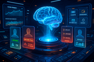 A glowing blue digital brain floats above a futuristic control console in a dark room. Holographic screens with user profiles, charts, and data panels surround the brain, suggesting an advanced AI or cyber intelligence interface.