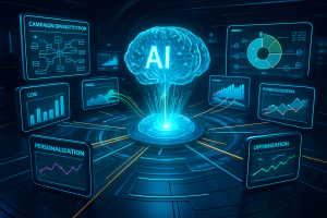 A glowing, digital brain labeled "AI" is at the center of a futuristic room. Screens around it display graphs and charts with labels such as "CAMPAIGN OPTIMIZATION," "COM," "ENGAGE," "PERSONALIZATION," "PRODUCTION," and "OPTIMIZATION.