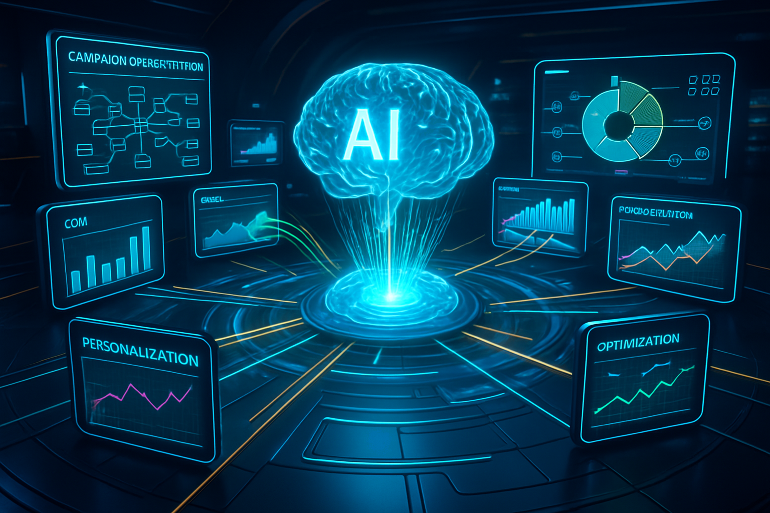 A glowing, digital brain labeled "AI" is at the center of a futuristic room. Screens around it display graphs and charts with labels such as "CAMPAIGN OPTIMIZATION," "COM," "ENGAGE," "PERSONALIZATION," "PRODUCTION," and "OPTIMIZATION.