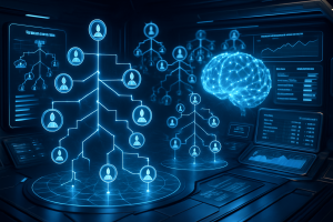 A futuristic computer lab with glowing holographic charts, including hierarchical diagrams of user icons and a digital brain, displayed above high-tech control panels, symbolizing artificial intelligence, data analysis, and networked systems.