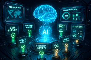 A glowing digital brain with "AI" in the center is surrounded by floating panels labeled with business terms like CRM Systems, Customer Surveys, Mobile Apps, and Activation, all in a futuristic, blue-lit tech control room setting.