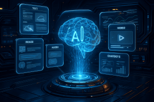A digital hologram of a brain labeled “AI” floats above a futuristic platform, surrounded by glowing blue screens labeled text, image, audio, video, and chatbots, each displaying related icons or graphs in a high-tech, dark room.