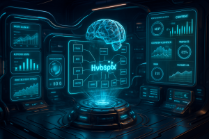 A futuristic control room with holographic screens displaying analytics, graphs, and data. At the center, a glowing brain and the word “HubSpot” are projected above a circular console, suggesting artificial intelligence and digital marketing integration.