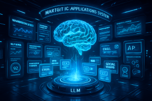 A glowing digital brain floats in a futuristic room filled with holographic screens displaying terms like "LLM," "EMAIL," "SOCIAL," and "NLP," representing advanced AI language applications and neural networks in a high-tech, blue-lit environment.