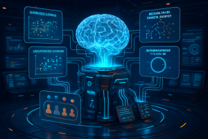 A glowing digital brain hovers above a futuristic console, with neon blue lines connecting it to data panels labeled “supervised learning,” “unsupervised learning,” and decision diagrams, symbolizing artificial intelligence and machine learning concepts.