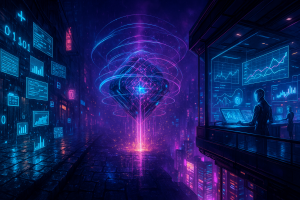 A neon-lit cyberpunk cityscape features a floating glowing cube emitting energy waves. Digital data and graphs are displayed on walls and screens. A silhouetted figure in a glass-walled office analyzes charts, surrounded by futuristic technology and vibrant purple-blue lights.