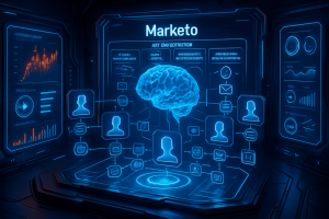A futuristic digital interface shows a glowing brain at the center, surrounded by icons of people, charts, and messages. The word "Marketo" is at the top, with various neon blue infographics and data visuals displayed on transparent screens.
