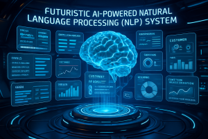 A glowing digital brain floats at the center of a high-tech room, surrounded by blue data panels, charts, and graphs labeled with NLP-related terms. Text above reads “Futuristic AI-Powered Natural Language Processing (NLP) System.”.