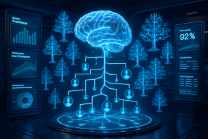 A glowing digital brain hovers above a branching network chart, connecting to user icons. Futuristic screens display graphs, tree diagrams, and a 92% progress metric, all set in a high-tech, blue-toned environment with stylized tree graphics.
