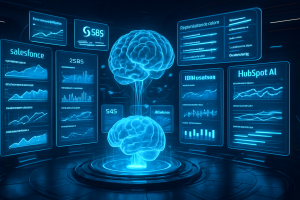 A glowing, holographic brain floats at the center of a dark room surrounded by digital screens. The screens display various charts, graphs, and AI platform names like Salesforce, HubSpot AI, and S4S, suggesting advanced data analysis and artificial intelligence.
