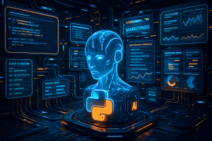 A glowing blue humanoid AI bust with Python and AI symbols stands surrounded by floating digital screens displaying charts, data, and graphs in a futuristic setting, highlighting themes of artificial intelligence, programming, and technology-driven analysis.