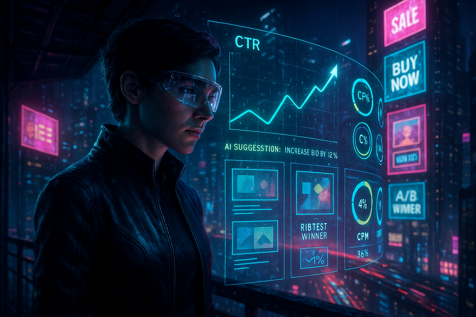 A person in a leather jacket and smart glasses views a glowing virtual analytics dashboard with charts, metrics, and AI suggestions, set in a neon-lit cityscape displaying digital ads and sale signs. The atmosphere is futuristic and high-tech.