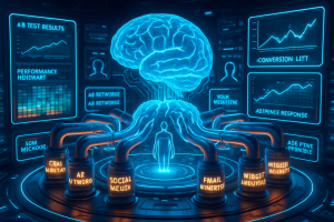 A glowing blue brain hovers above a human figure connected by tubes to labeled containers. Digital screens around display charts, graphs, and terms like "AB Test Results," "Audience Response," and "Social Media," depicting data analysis and artificial intelligence.
