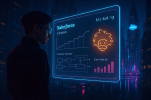 A person in dark clothing and glasses looks at a glowing digital screen in a futuristic city. The screen displays Salesforce analytics: a growth chart, "Einstein" icon, marketing and conversion graphs, and a customer journey flowchart.