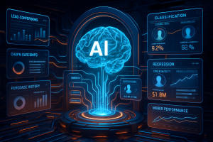 A glowing digital brain labeled "AI" is displayed at the center, surrounded by futuristic screens showing charts, stats, and graphs on topics like lead conversions, purchase history, classification, regression, and model performance in a high-tech setting.