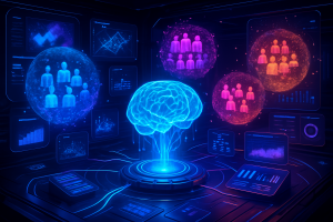 A glowing digital brain floats above a circular platform in a dark, futuristic room, surrounded by holographic screens displaying data, charts, and group icons representing people in blue, purple, and red spheres, symbolizing artificial intelligence and data analysis.