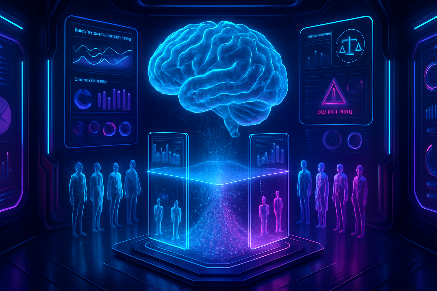 A glowing digital brain floats above a luminous platform in a futuristic room, surrounded by holographic screens displaying charts and scales. Silhouetted human figures stand along the walls, observing the brain and data visualizations in blue and pink neon light.