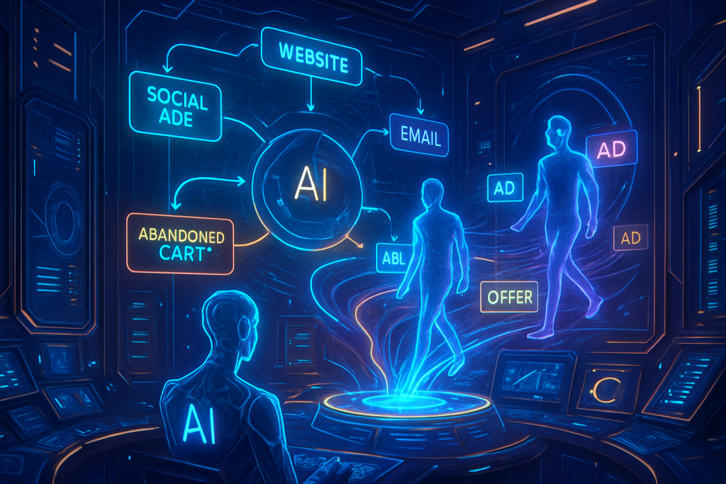 Futuristic scene with a humanoid AI at a console, directing digital avatars through glowing pathways labeled WEBSITE, EMAIL, SOCIAL ADE, AD, and OFFER. Other signs read ABANDONED CART and ABL, showing AI managing marketing and user interactions.