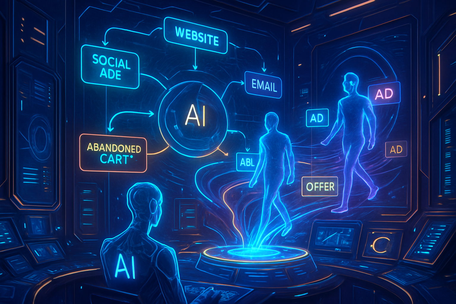 Futuristic scene with a humanoid AI at a console, directing digital avatars through glowing pathways labeled WEBSITE, EMAIL, SOCIAL ADE, AD, and OFFER. Other signs read ABANDONED CART and ABL, showing AI managing marketing and user interactions.