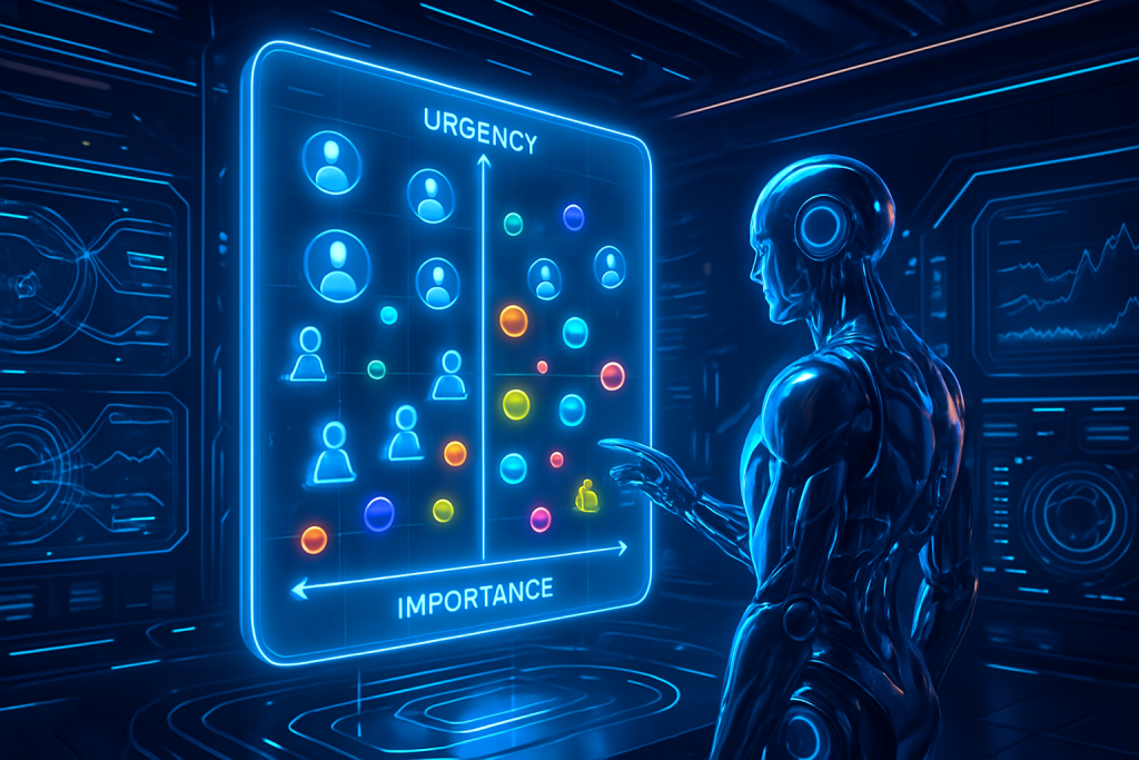 A humanoid robot analyzes a glowing holographic graph labeled “Urgency” (vertical axis) and “Importance” (horizontal axis) in a futuristic control room, sorting colorful data points and human icons by priority on the digital display.
